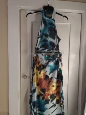 Halter Neck Abstract Print Maxi Dress - Teal, Yellow & Brown